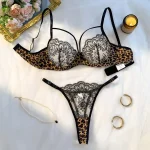 Push up Leopard 2 Piece Embroidery Mesh Lace Lingerie Set - Image 6