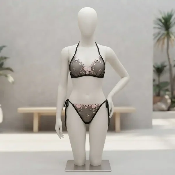 See-Through Sexy Mesh Embroidered Bikini Set