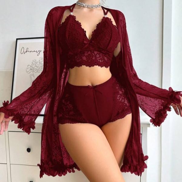 Summer Lace Elastic Waist Solid Robe Coat Lingerie Nightgown